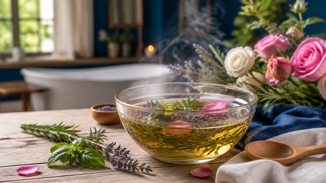 Infusão de ervas frescas preparada para banho energético em ambiente acolhedor.