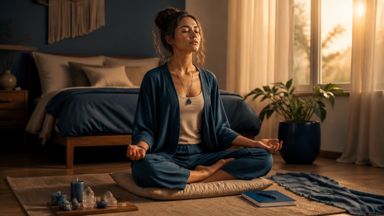 Jovem em meditação em ambiente acolhedor com elementos espirituais discretos