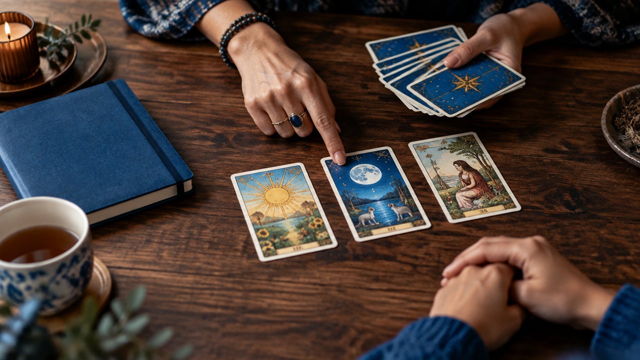 Leitura de cartomancia com cartas ilustradas em uma mesa, destacando a interpretação cuidadosa da tiragem