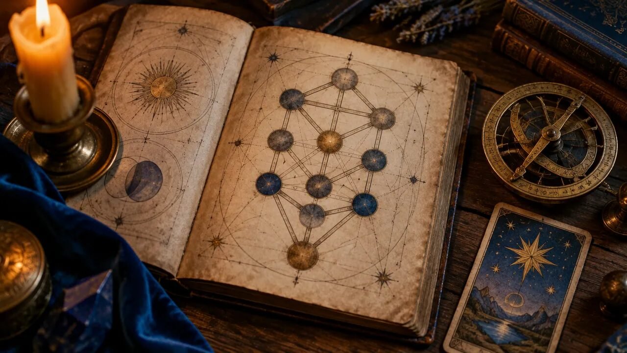 Livro aberto com um diagrama da Árvore da Vida, astrolábio e carta de Tarot em uma mesa