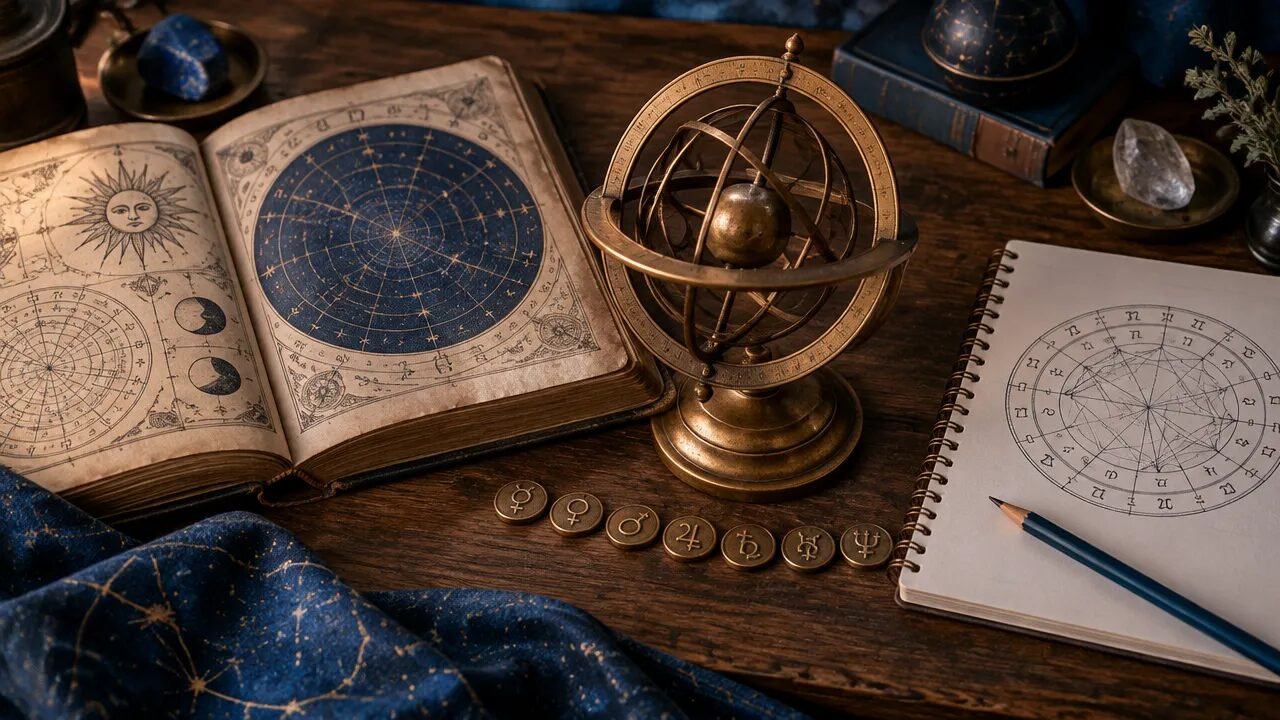 Livro antigo de astrologia, esfera celeste e mapa astral moderno sobre uma mesa