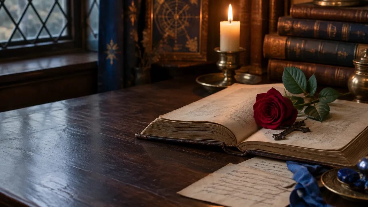 Livro antigo, rosa e cruz sobre uma mesa à luz de uma vela, em referência aos símbolos rosacruzes