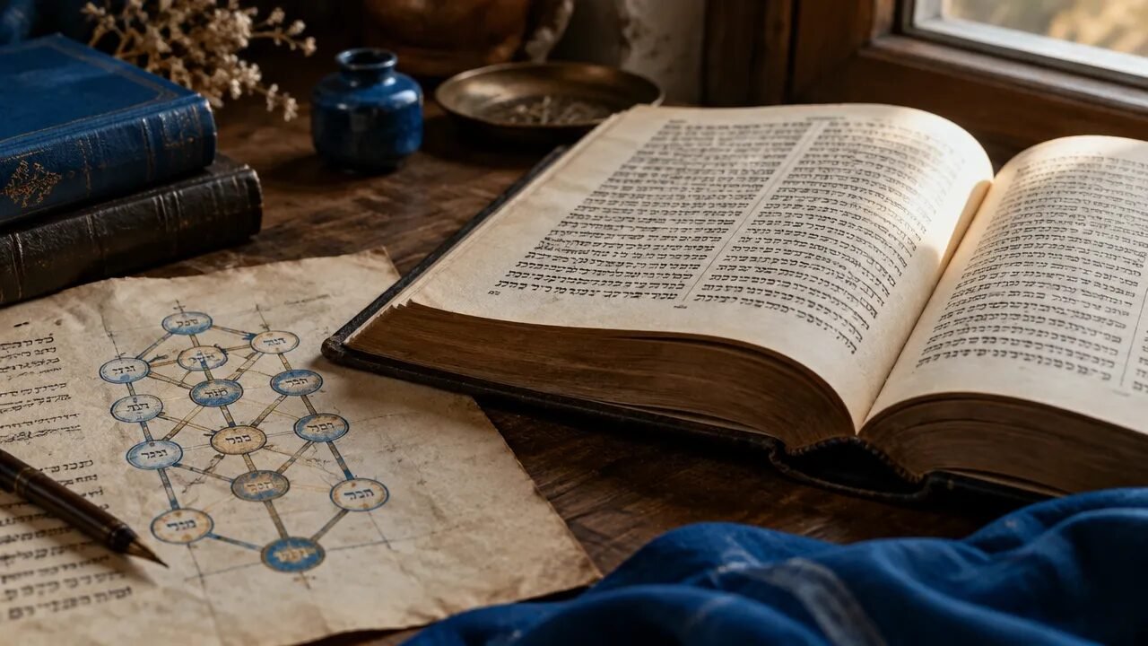 Livro de estudo judaico aberto com letras hebraicas e um diagrama da Árvore da Vida sobre uma mesa