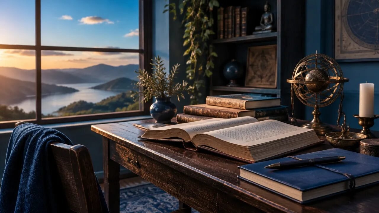 Livros antigos e esfera armilar sobre uma mesa iluminada, evocando a busca teosófica por sabedoria