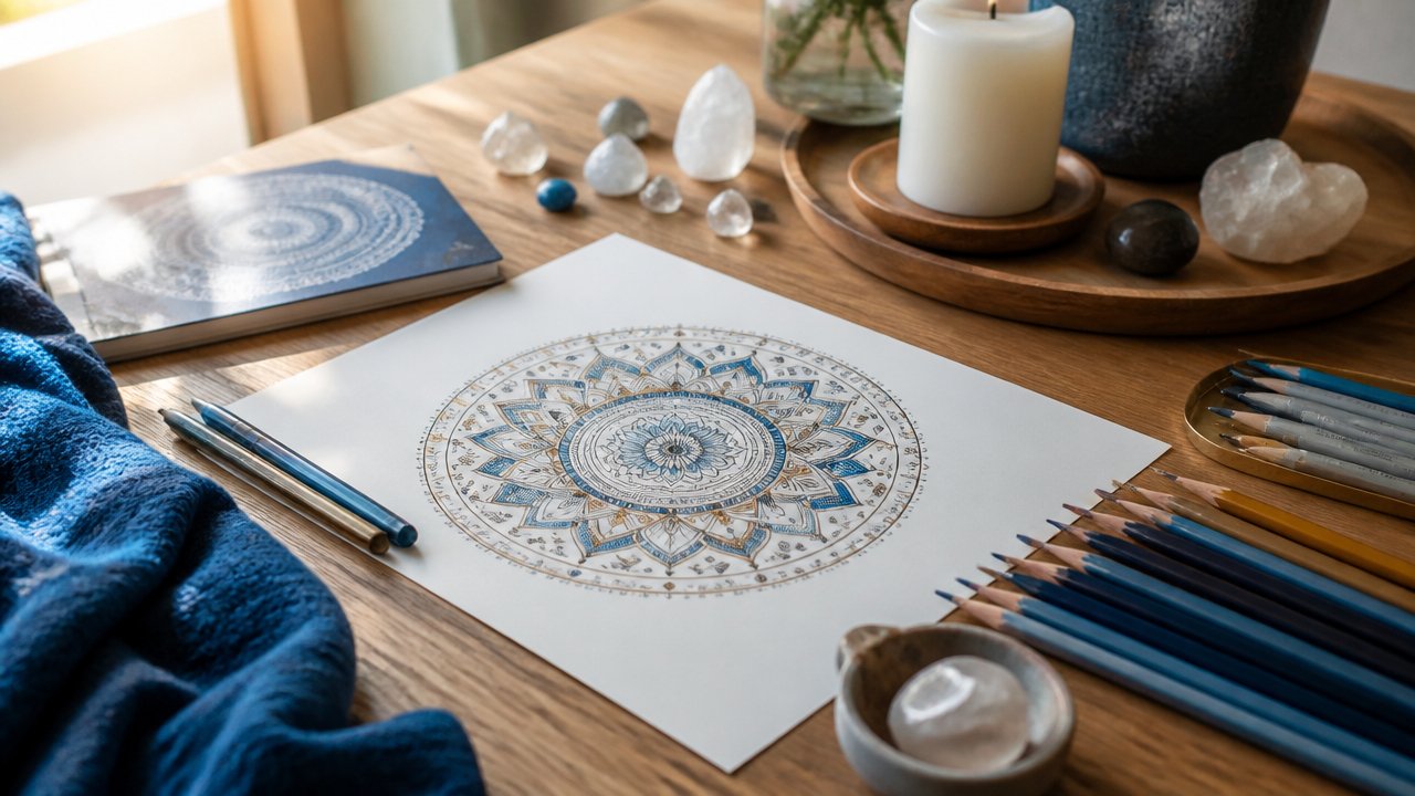 Mandala pessoal sendo criada sobre uma mesa com lápis de cor, cristais e caderno de intenções