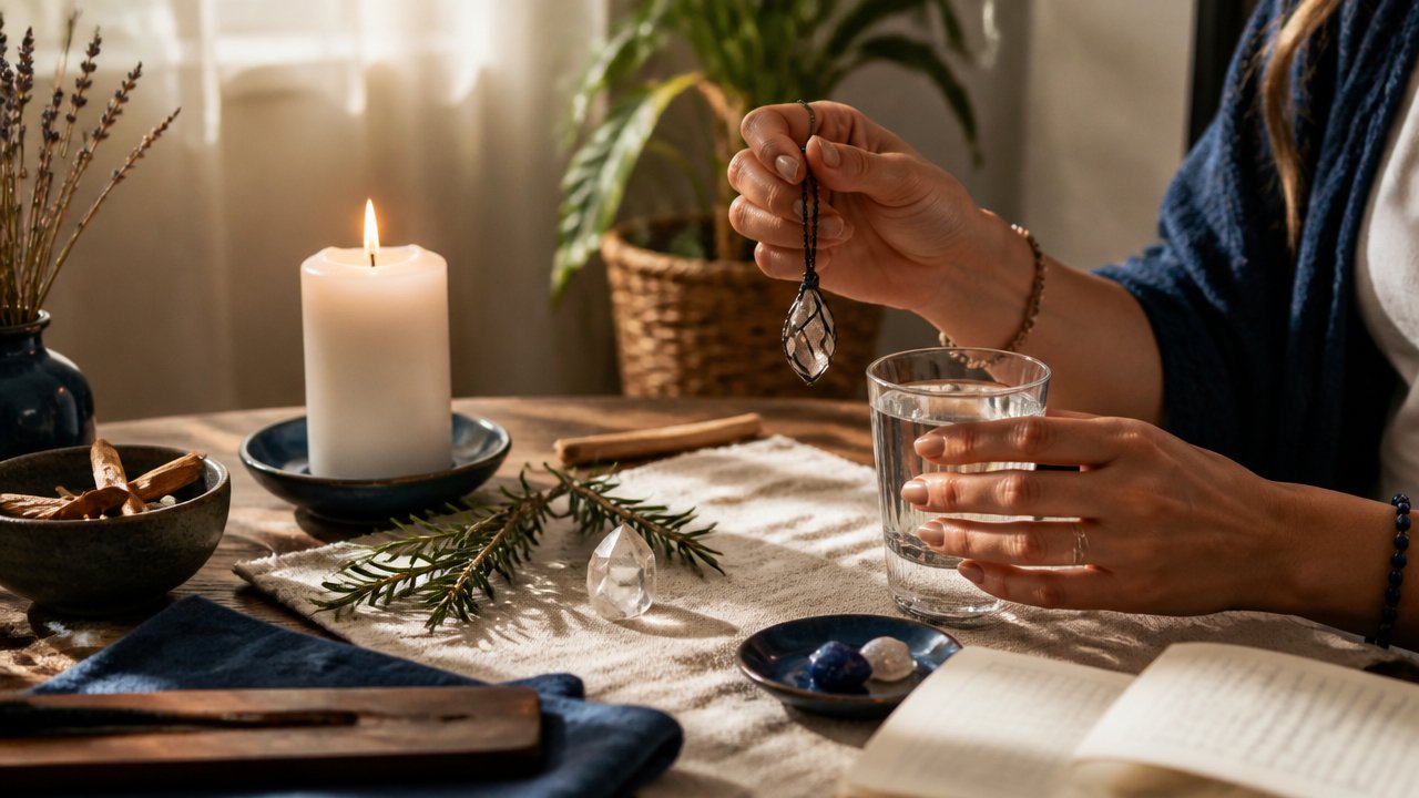 Mãos consagrando um objeto simples em um altar doméstico de proteção espiritual