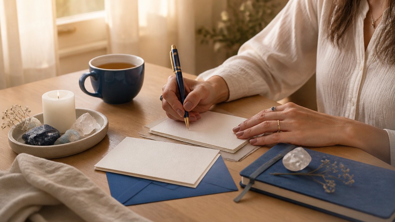 Mãos escrevendo cartões de intenção sobre uma mesa com vela, chá e cristais em um ritual de cura emocional.