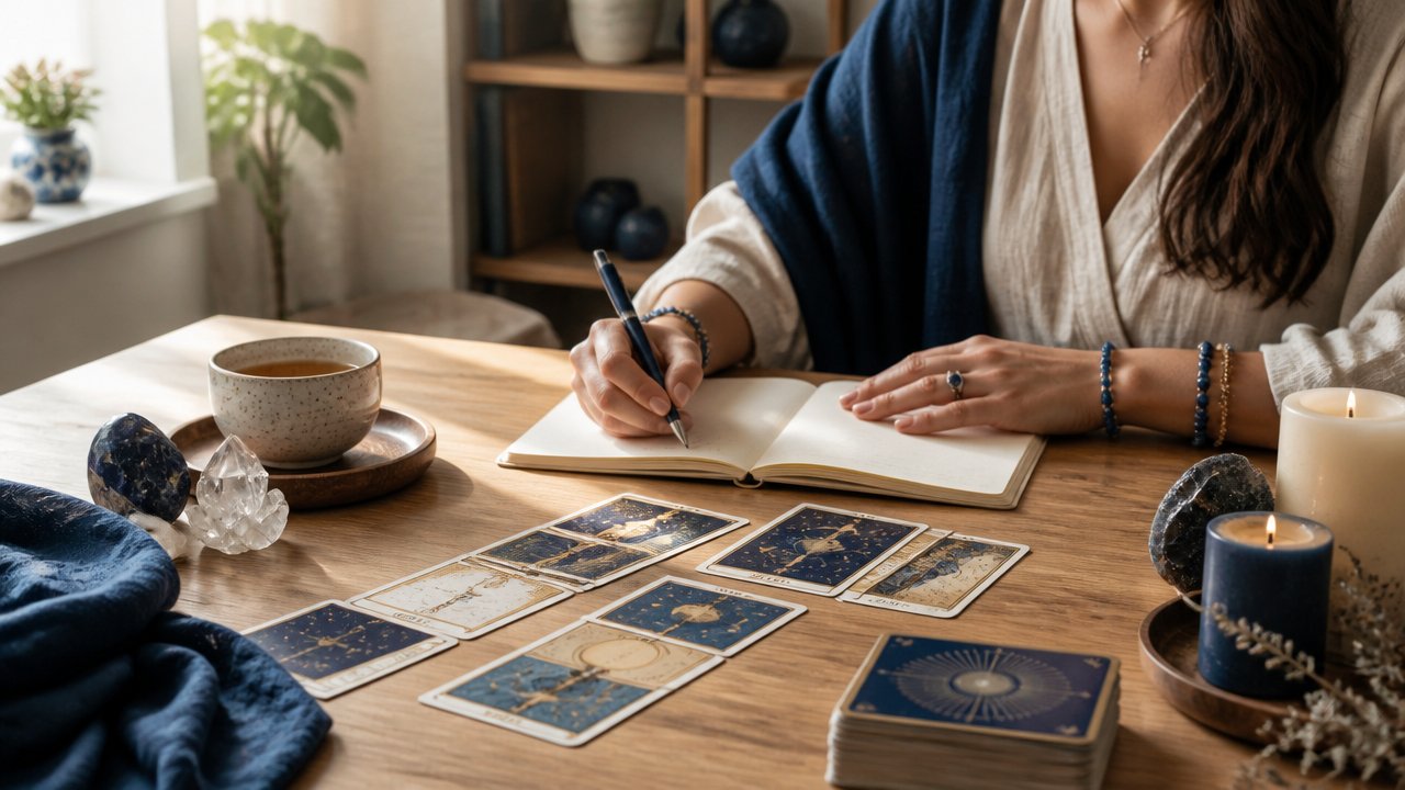 Mãos escrevendo em um caderno ao lado de cartas de tarot sobre uma mesa em ambiente espiritual acolhedor