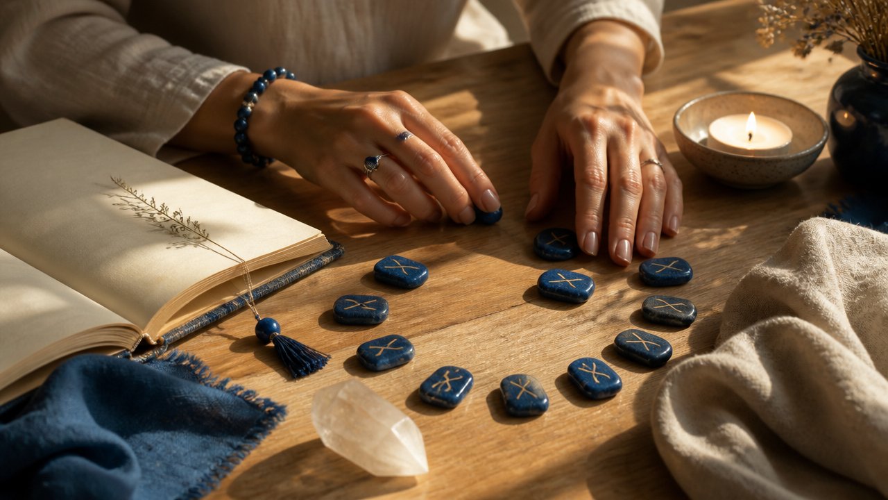 Mãos femininas sobre mesa com runas, caderno espiritual e vela em um ritual cotidiano