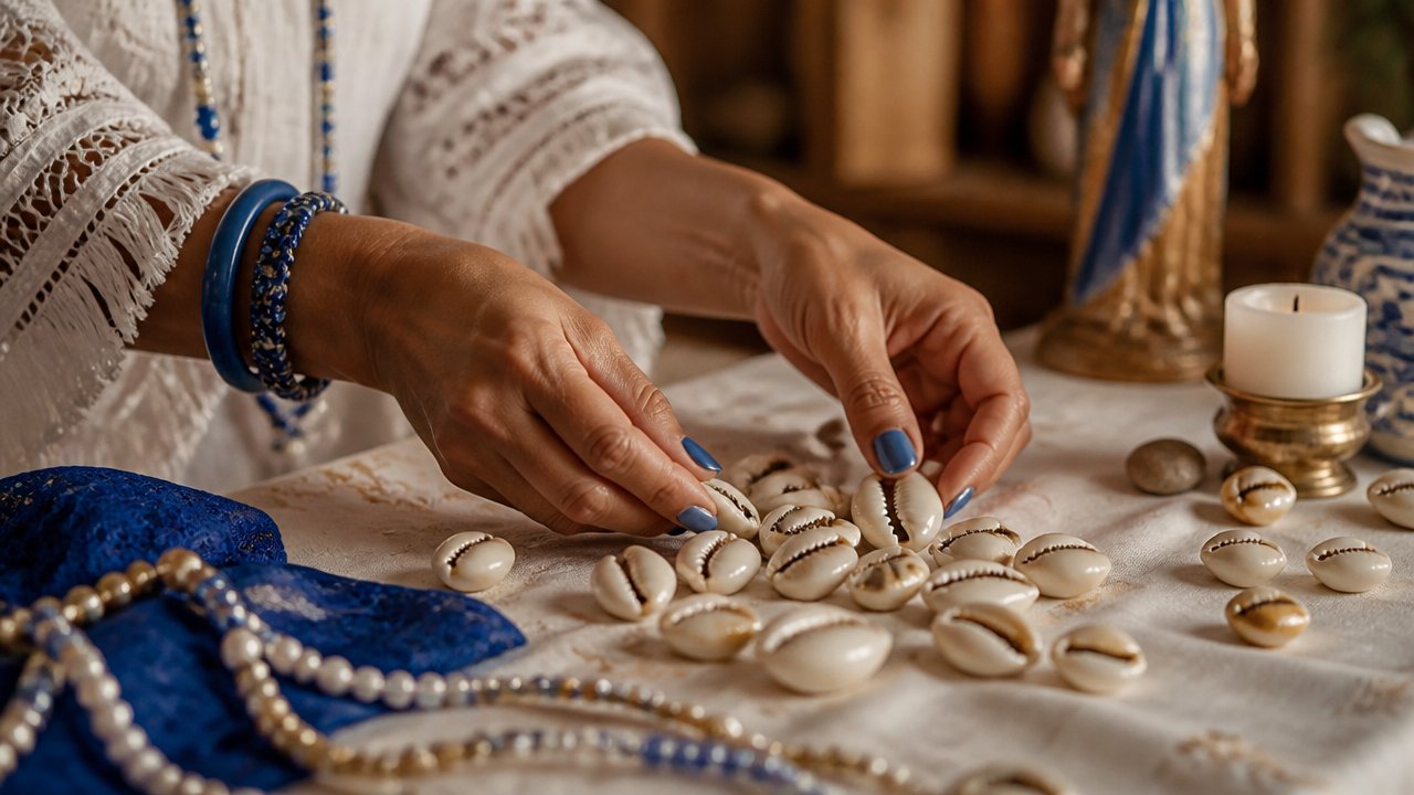 Mãos organizando búzios sobre uma superfície de madeira em ambiente espiritual acolhedor.