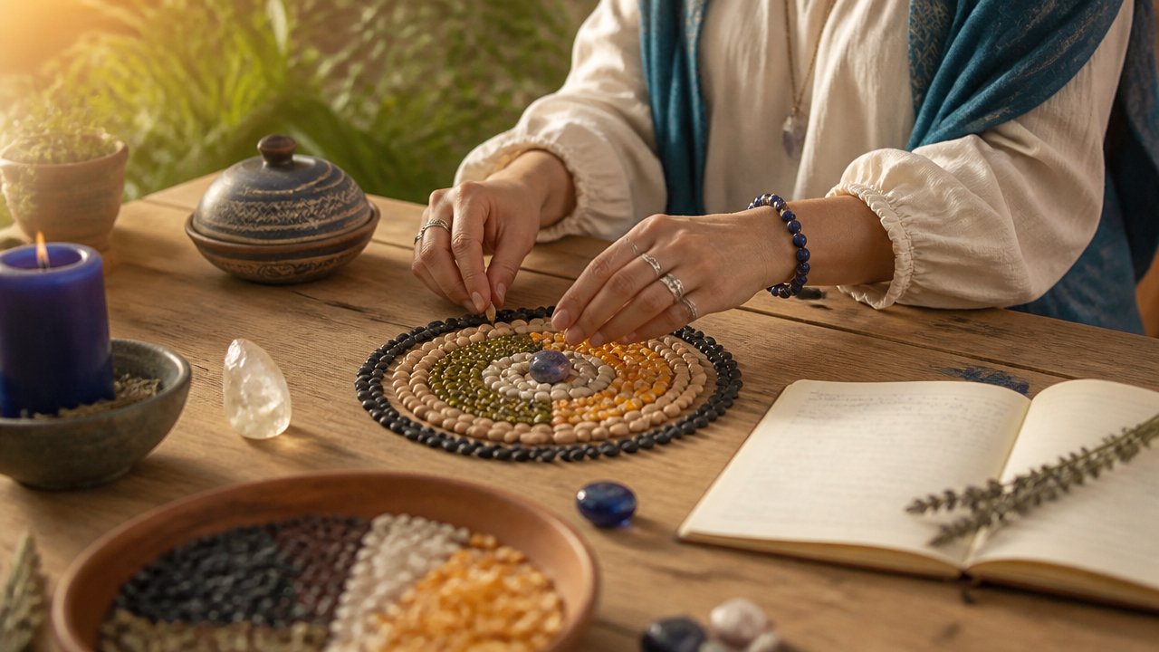 Mãos organizando sementes, vela e cristal em um ritual de prosperidade sobre mesa de madeira