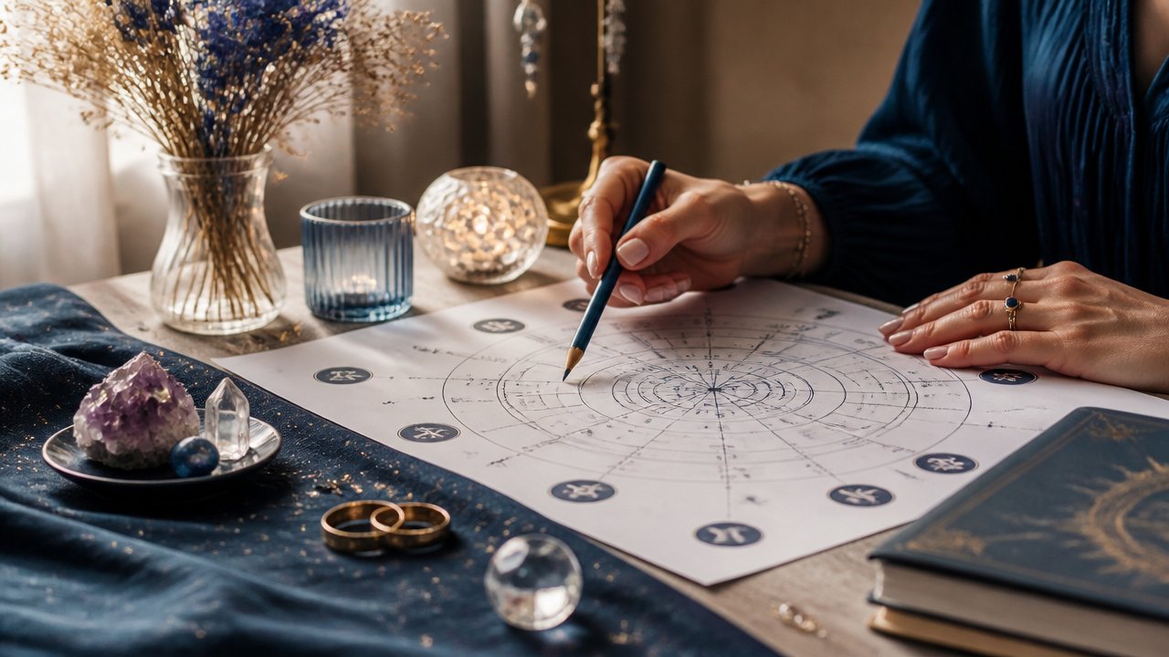 Mapa astral de relacionamento sobre uma mesa com elementos astrológicos e clima acolhedor.