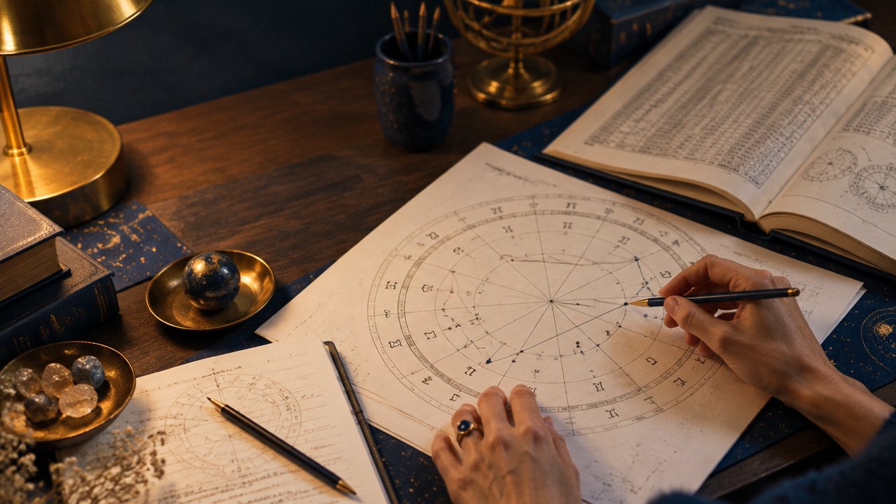 Mapa astrológico circular sobre uma mesa de estudo, com efemérides e anotações para uma consulta de astrologia horária.