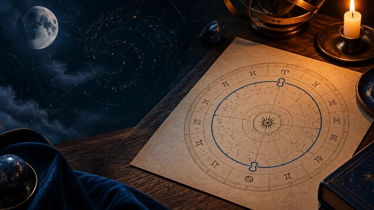 Mapa astrológico circular sobre uma mesa, sob luz lunar, evocando a astrologia dracônica e os nodos da Lua.