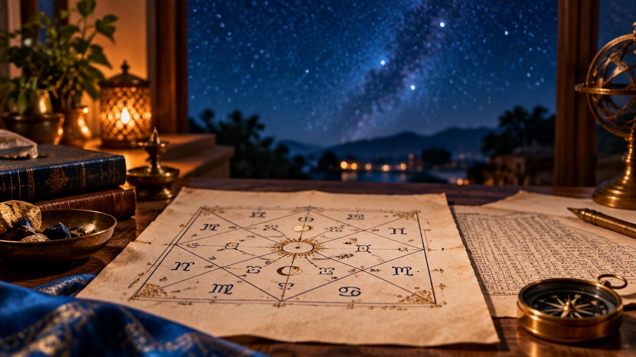 Mapa astrológico indiano sobre papel artesanal com céu estrelado ao fundo