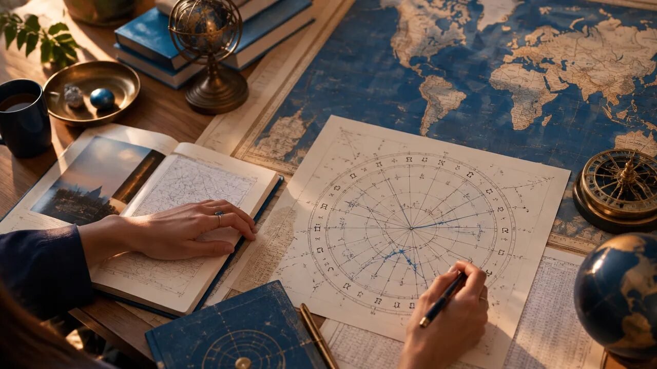 Mapa-múndi e carta astrológica sobre uma mesa de estudo, representando a análise de tendências coletivas