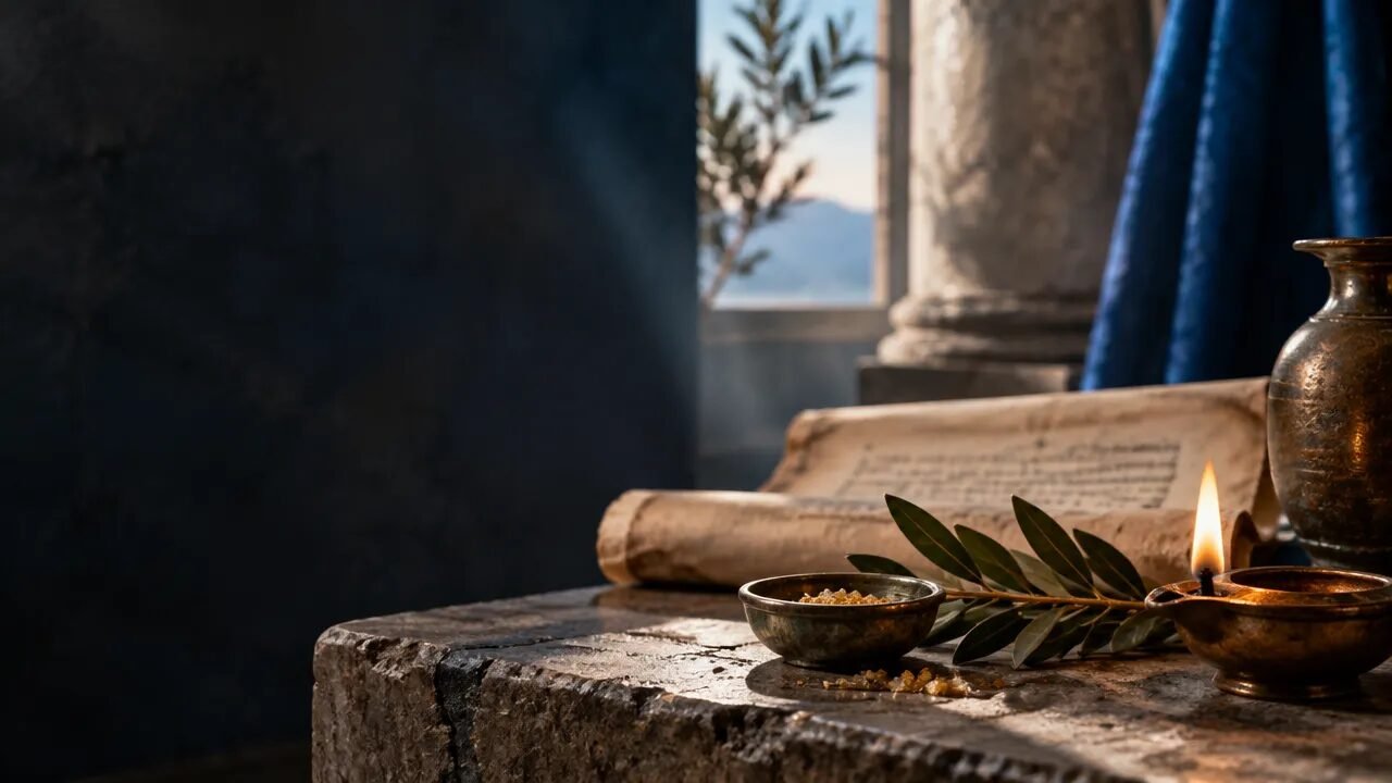 Mesa antiga com manuscrito, lamparina e ramo de louro, evocando a dimensão ritual e filosófica da teurgia