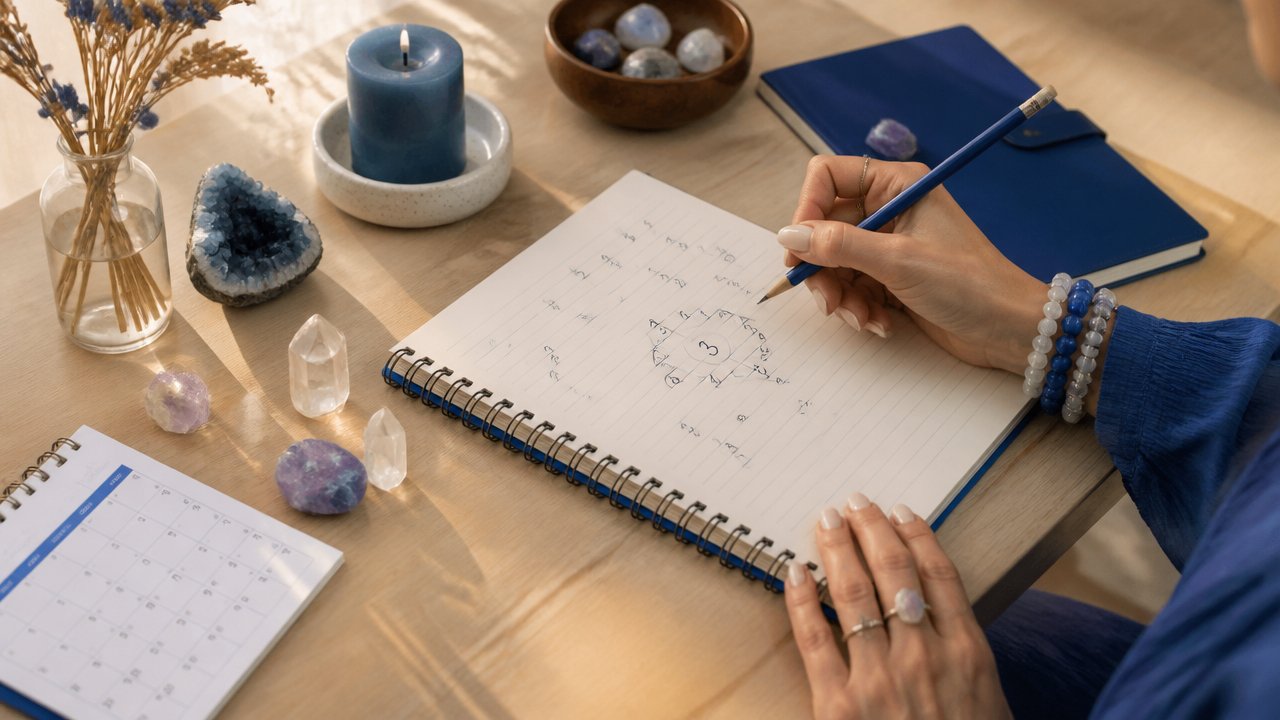 Mesa com caderno, números e cristais em uma composição que representa numerologia e autoconhecimento