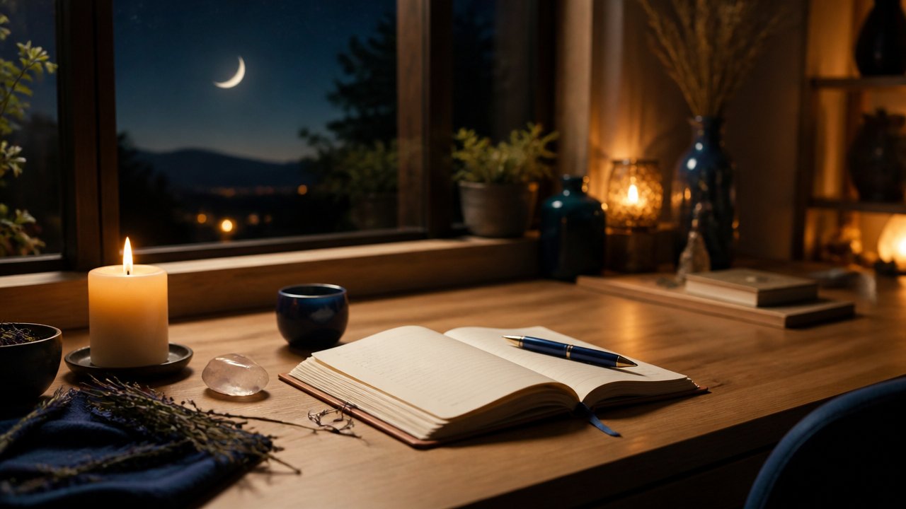 Mesa com caderno, vela e cristais diante da lua crescente, representando um ritual para metas no trabalho