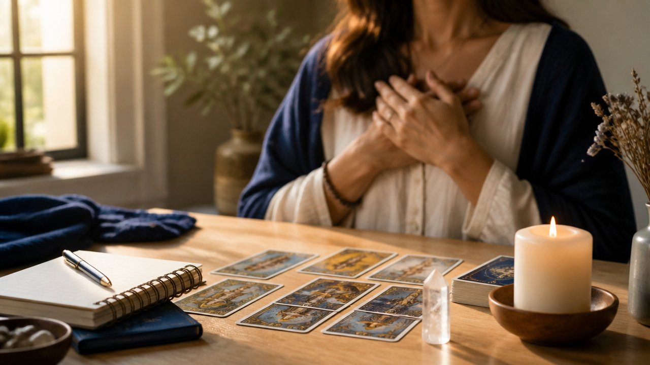 Mesa com cartas de tarot, vela e caderno de reflexões em um ambiente acolhedor de amor-próprio