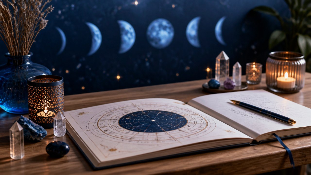 Mesa com mapa astral, caderno e cristais, representando a leitura energética da semana