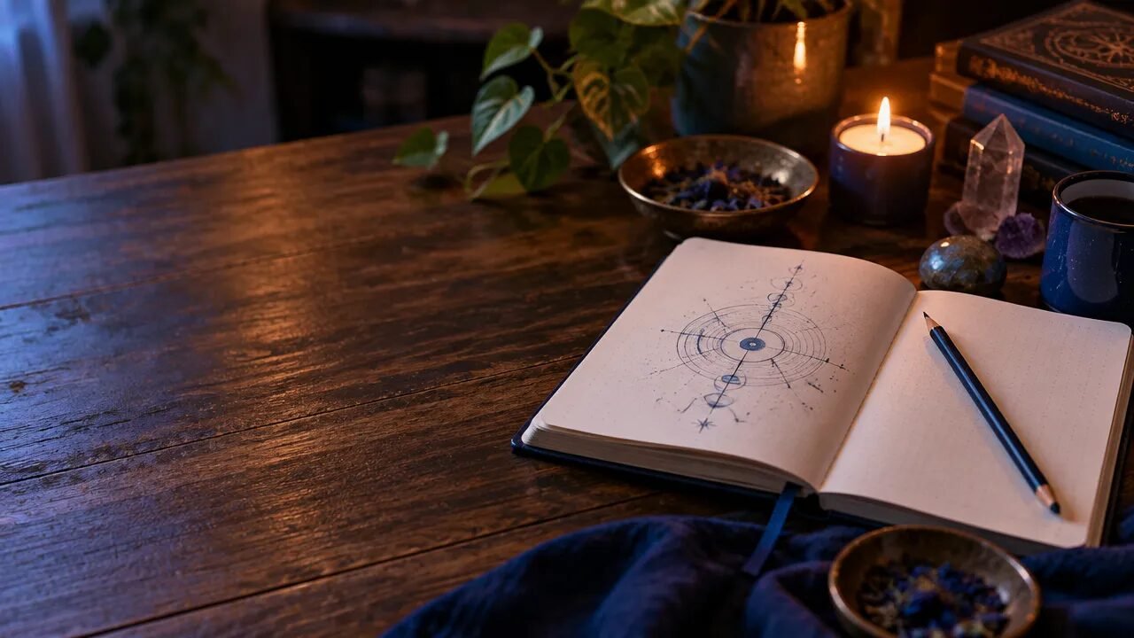 Mesa de estudo com caderno e símbolo abstrato, evocando a magia do caos