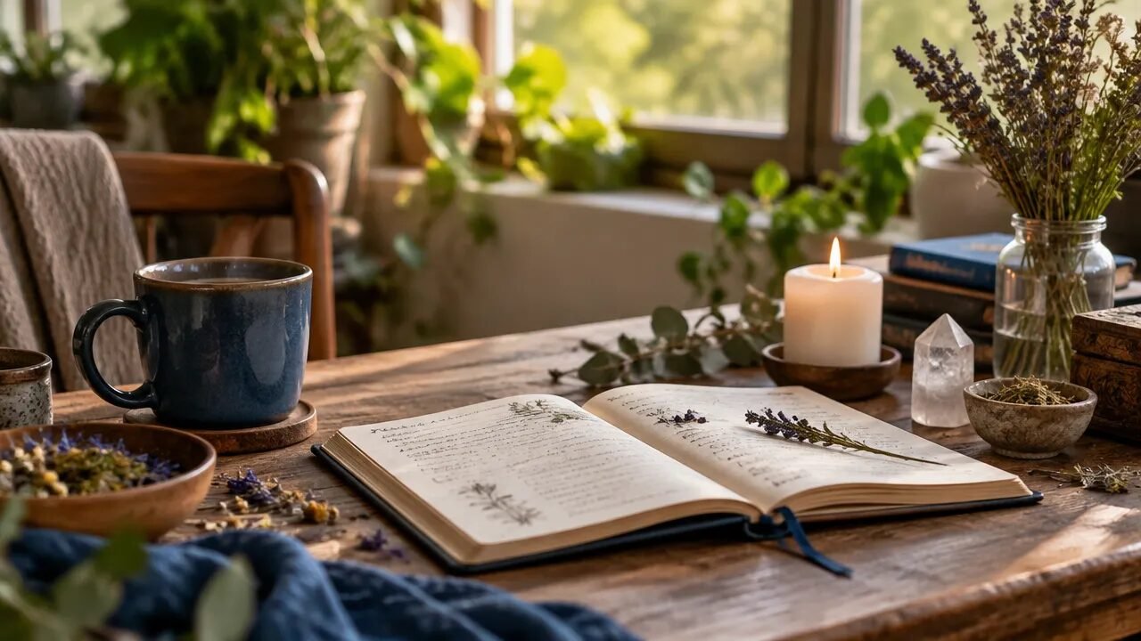 Mesa de estudo com caderno, ervas e vela em uma representação contemporânea e acolhedora da bruxaria