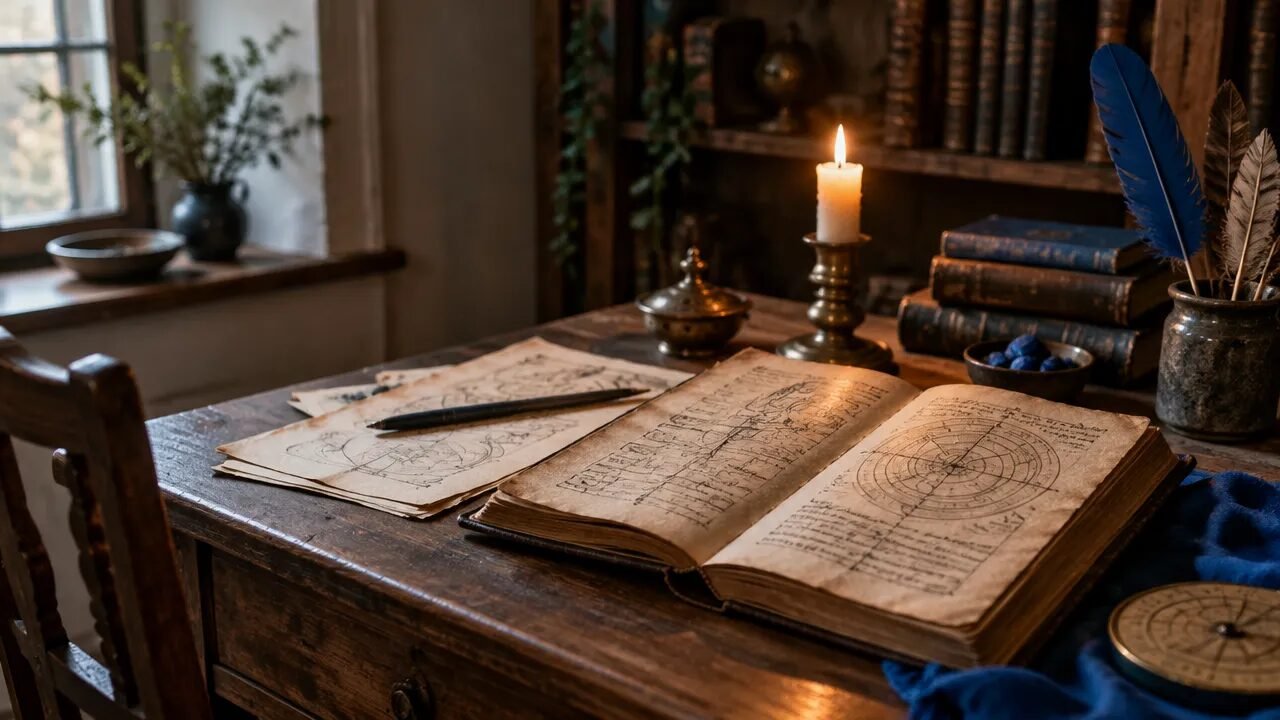 Mesa de estudo com grimório antigo, vela e diagramas simbólicos, evocando a história da magia cerimonial