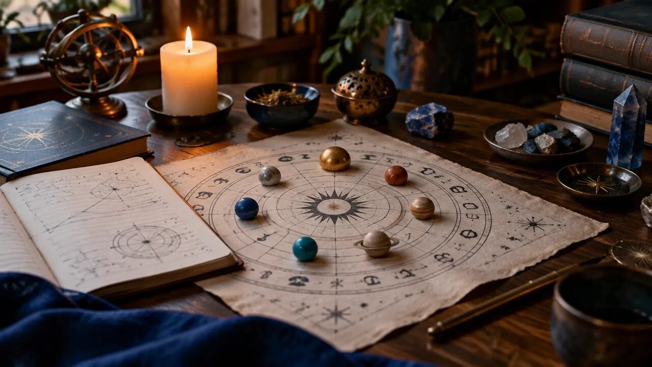 Mesa de estudo com símbolos astrológicos, caderno e vela para representar a magia planetária
