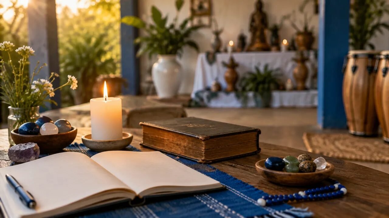 Mesa de estudo espiritual com caderno, livro e vela em ambiente acolhedor, representando a Umbanda esotérica