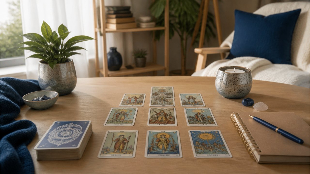 Mesa organizada com cartas de tarot, caderno e objetos decorativos em uma sala acolhedora