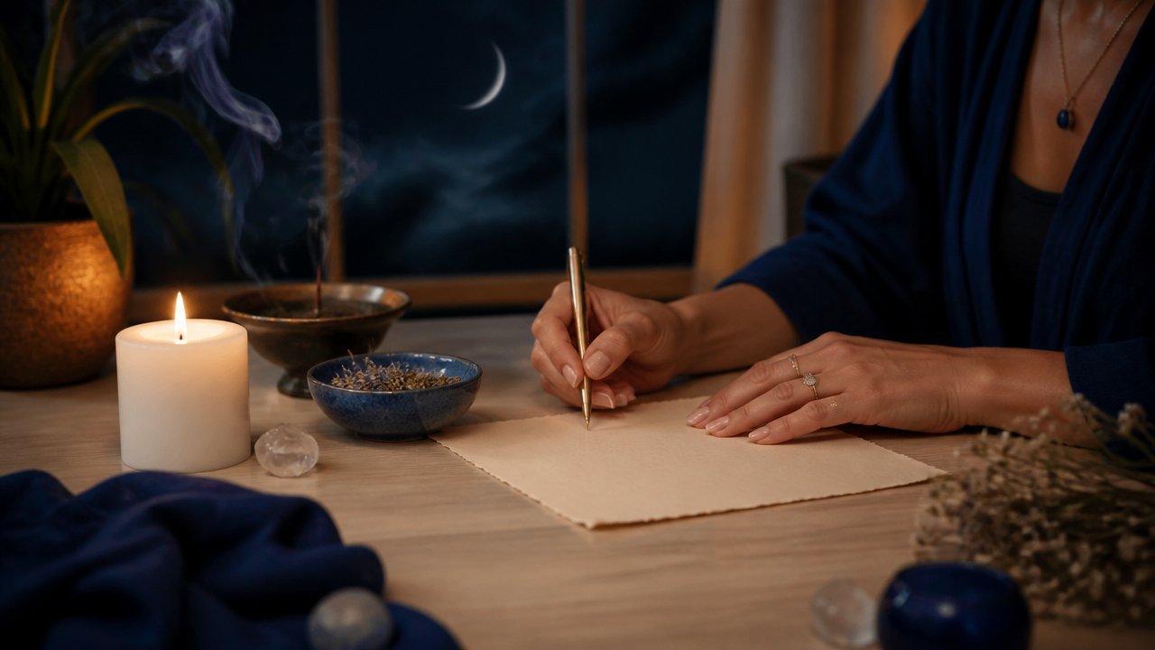 Mesa preparada para ritual de lua nova com vela, cristais e intenções escritas