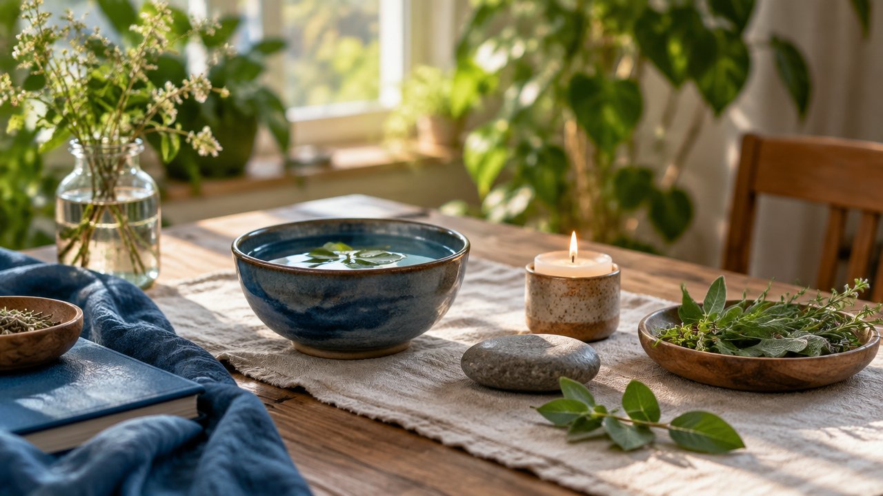Mesa simples com folhas, água, pedra e vela em uma prática contemplativa de conexão com a natureza