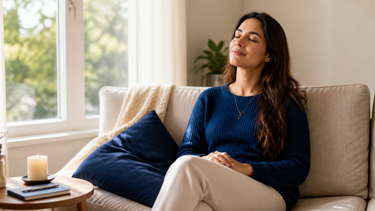 Mulher de olhos fechados visualizando uma relação amorosa leve em ambiente acolhedor
