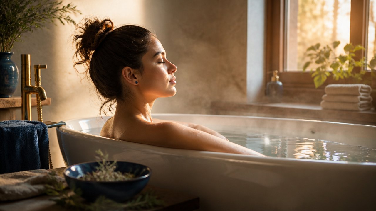 Mulher em banho relaxante com ervas, em ambiente sereno, favorecendo introspecção e conexão intuitiva