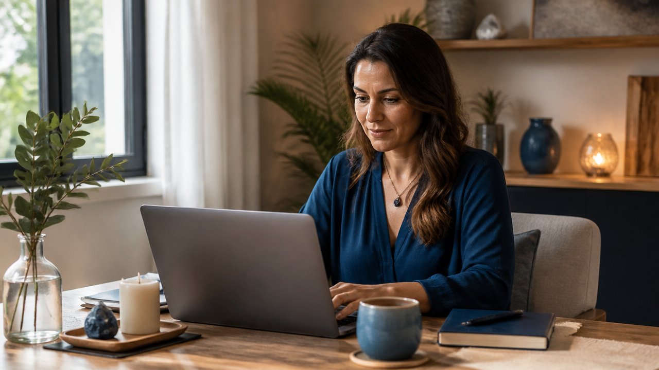 Mulher em home office com mesa organizada e elementos espirituais discretos