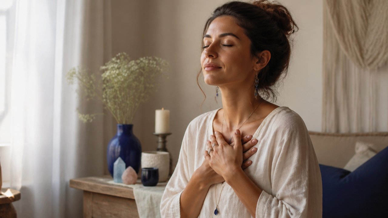 Mulher em momento de recolhimento espiritual, evocando cura de memórias da infância em ambiente acolhedor.