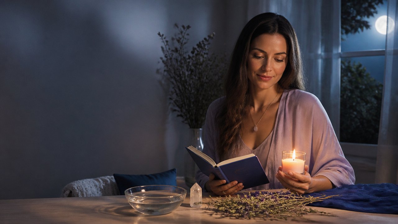 Mulher em ritual de autocuidado à luz da lua, escrevendo no diário com vela e cristais sobre a mesa
