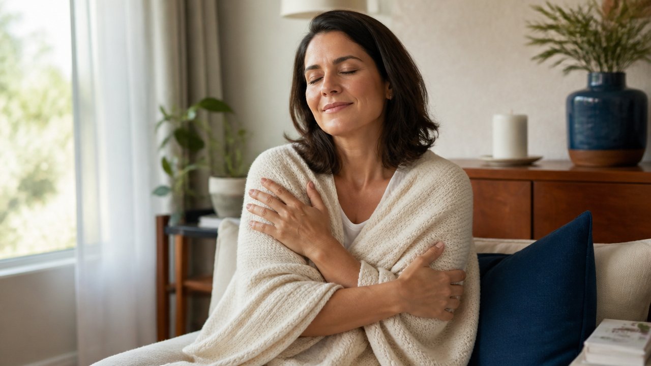 Mulher praticando autocuidado com um abraço energético em ambiente tranquilo e acolhedor