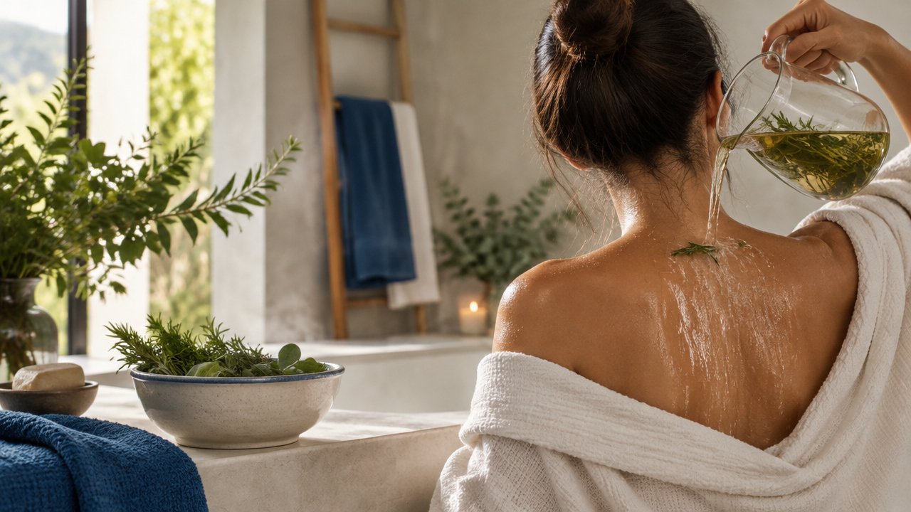 Mulher usando uma infusão de ervas nos ombros em um banho tranquilo de renovação energética