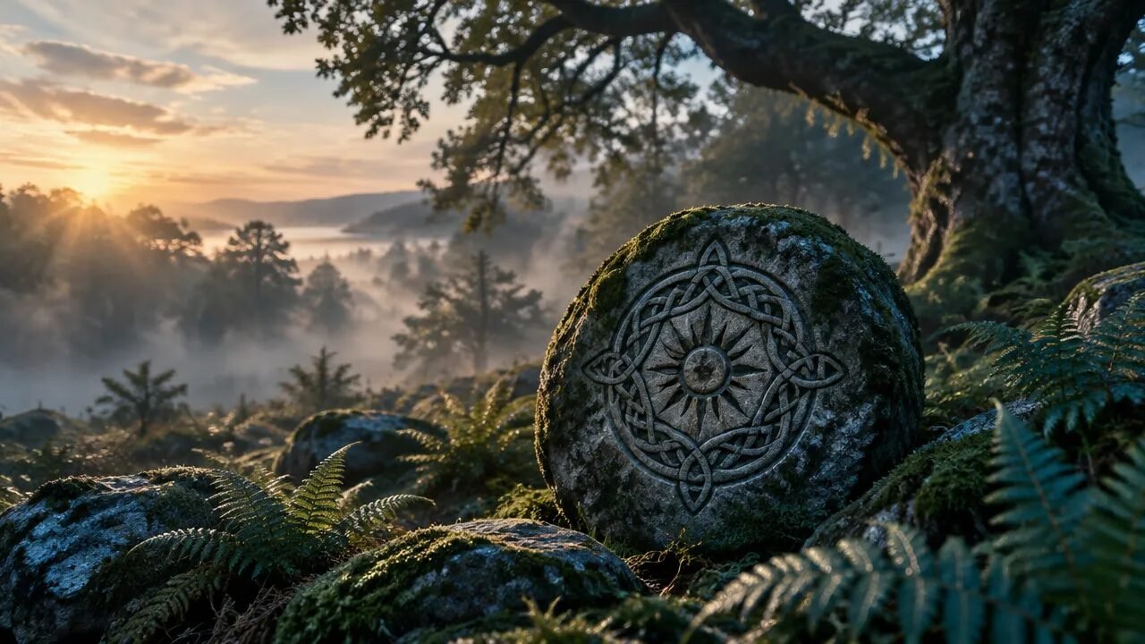 Pedra com nós celtas em um bosque enevoado ao amanhecer, evocando as lendas e os símbolos da mitologia celta.