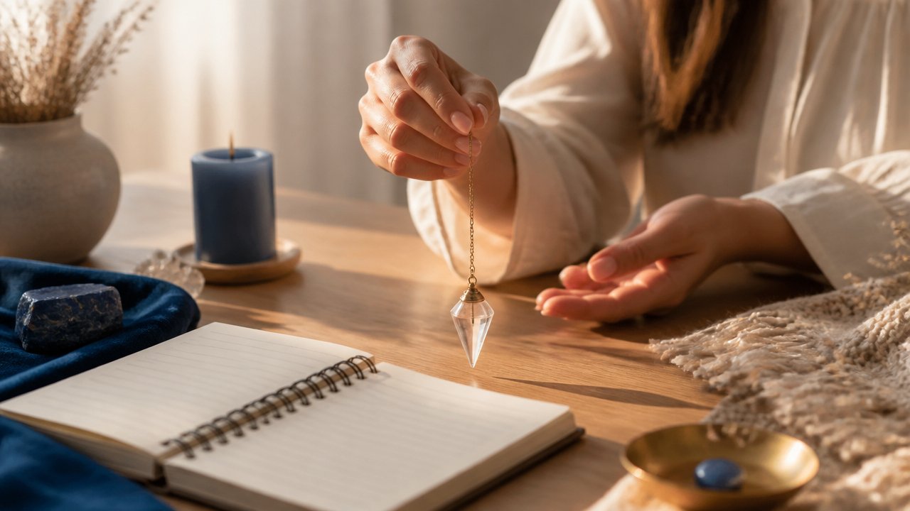 Pêndulo de cristal sobre mesa de madeira ao lado de caderno de anotações para consulta espiritual.