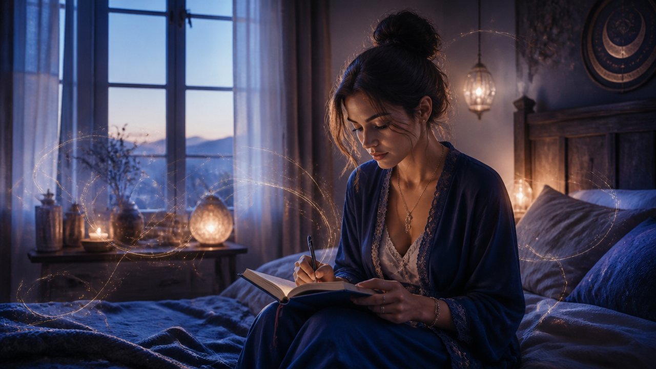 Pessoa anotando um sonho ao amanhecer em um quarto com atmosfera espiritual e luz suave