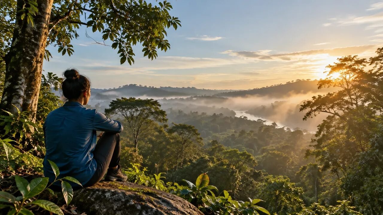 Pessoa em contemplação diante de uma floresta ao amanhecer, imagem simbólica para um artigo sobre xamanismo