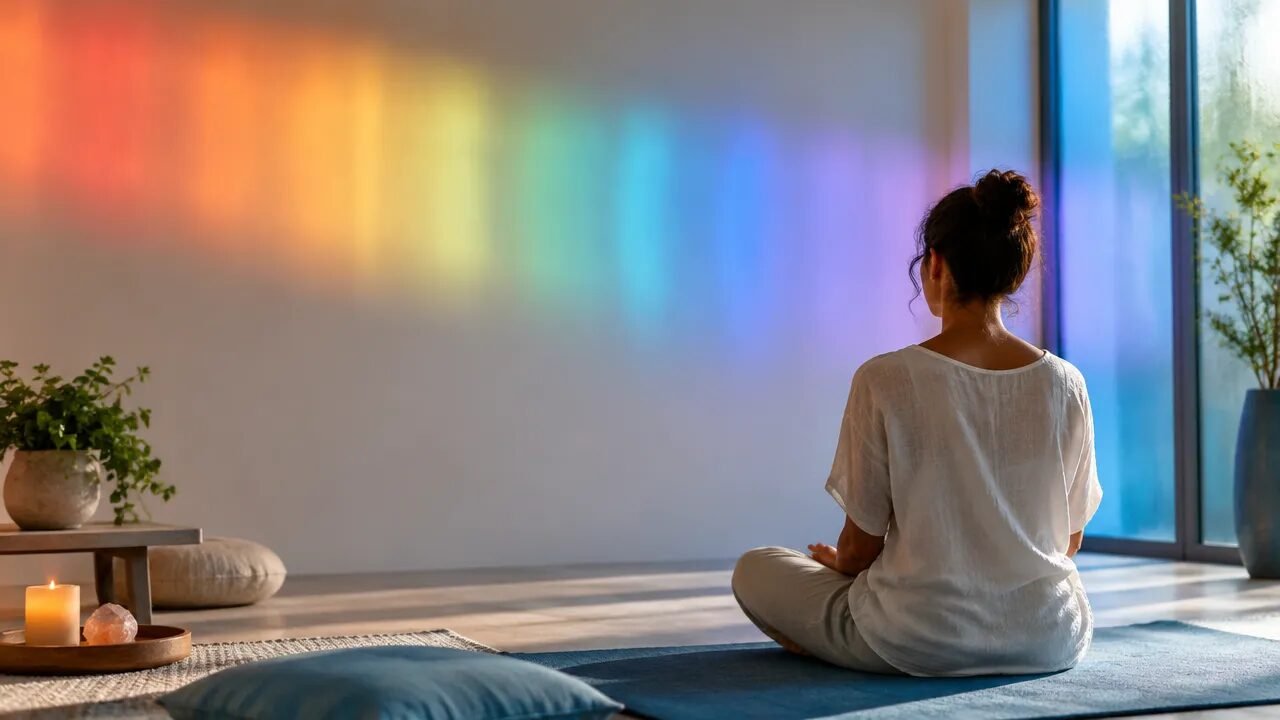 Pessoa em um ambiente tranquilo iluminado por tons suaves de várias cores, representando a cromoterapia.