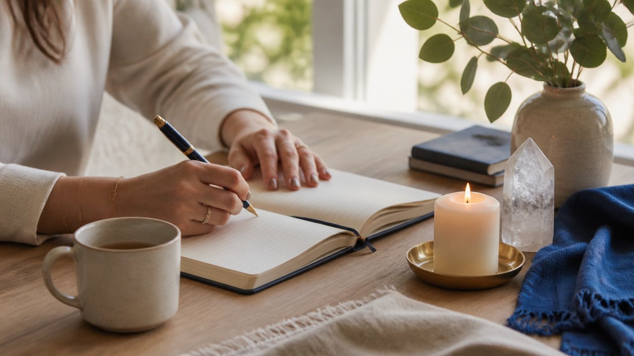 Pessoa escrevendo em um diário espiritual sobre uma mesa com vela e cristal, em ambiente calmo e iluminado pela manhã