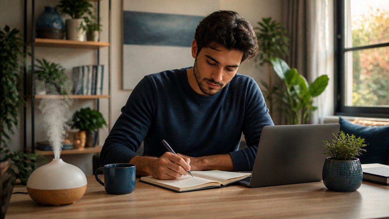 Pessoa estudando em mesa organizada com difusor de aromas ao lado e ambiente calmo.