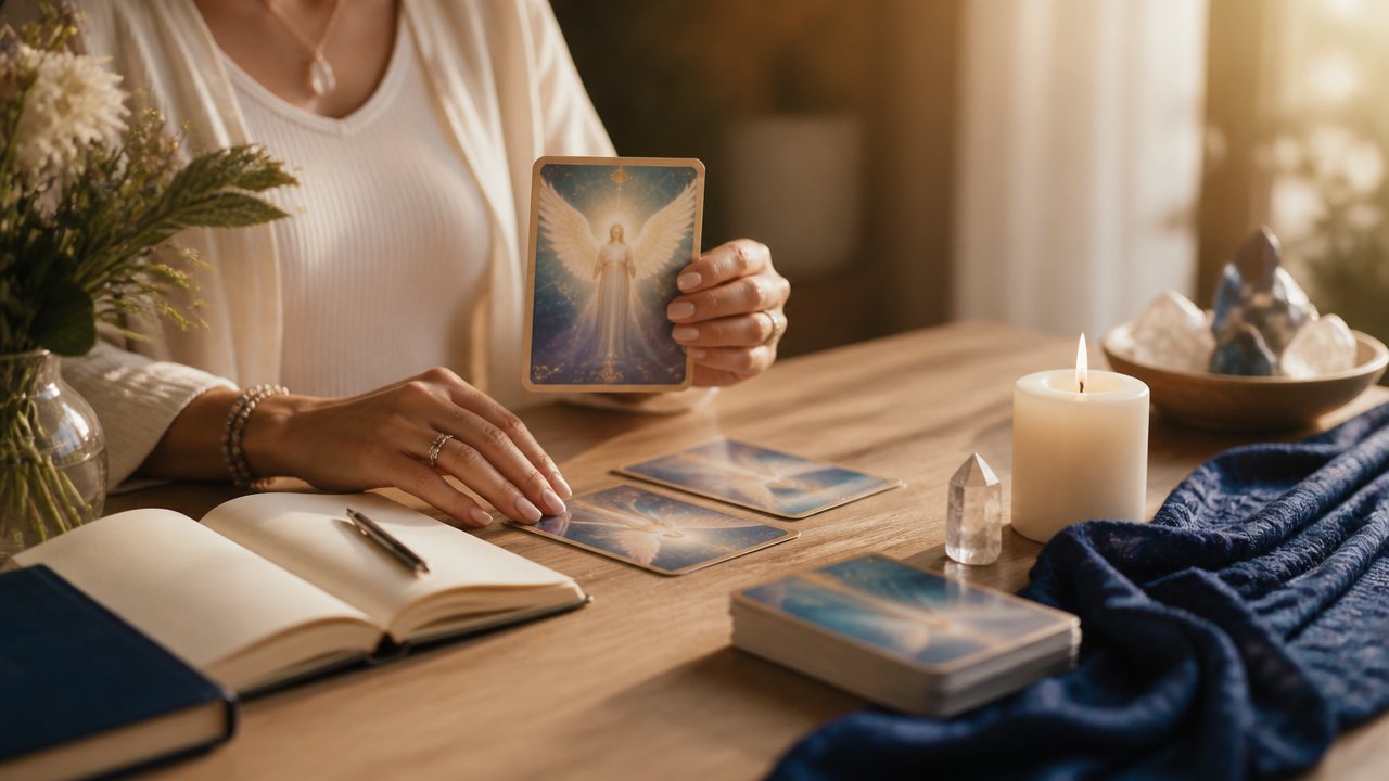 Pessoa fazendo uma leitura com cartas de oráculo em ambiente sereno para se conectar com o anjo da guarda