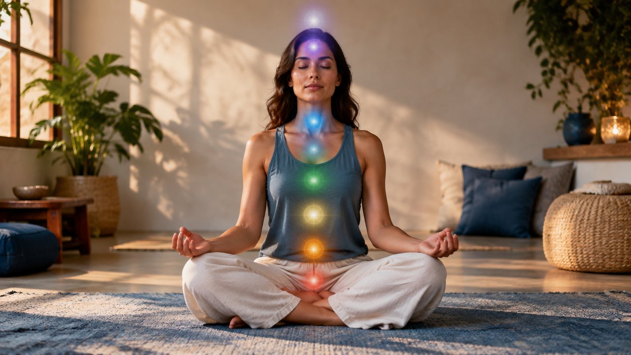 Pessoa meditando com sete pontos de luz sutis alinhados ao longo do corpo, representando os chakras.