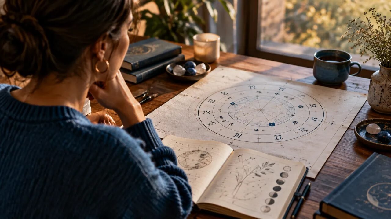 Pessoa refletindo diante de um mapa astral e diário, em uma cena sobre astrologia psicológica e autoconhecimento